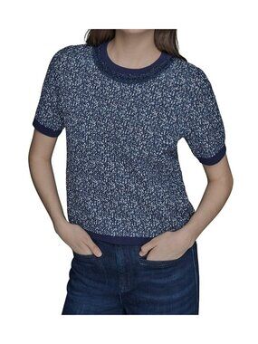 NWT Karl Lagerfeld Paris Blue White Tweed Denim Short Sleeve Sweater L MSRP $119